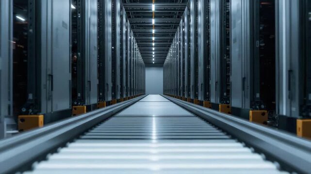 Data center aisle with server racks conveyor platform technology hardware cool blue lighting sleek