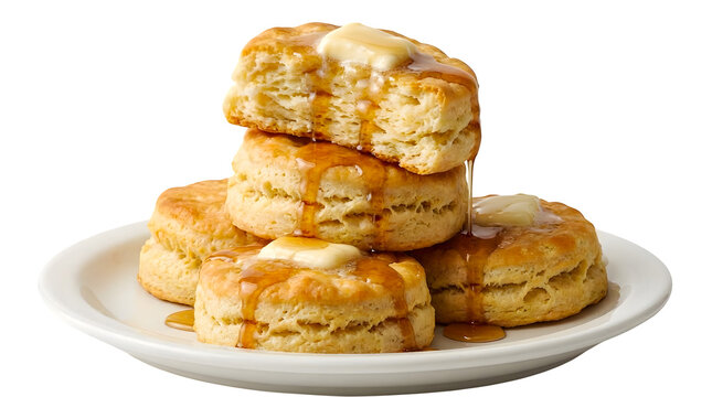 Golden Biscuits with Butter and Syrup on a Plate