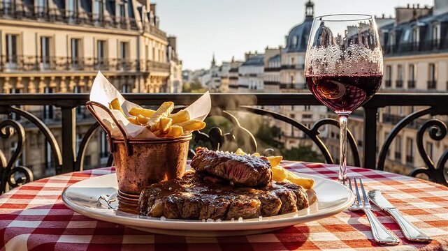 Steak Frites with Wine in Paris - Close-up of a delicious steak frites meal with a glass of red wine, served on a checkered tablecloth. The balcony overlooks the city of Paris during the golden hour.