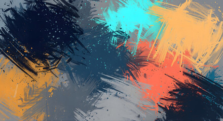 Obraz premium Vibrant abstract grunge vector illustration featuring a colorful orange and red paint splash texture with vintage ink splatters and dirty brush strokes on an old textured paper wallpaper design