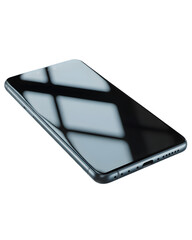 A black smartphone with a digital touch screen display isolated PNG on a transparent background representing modern portable communication technology and smart electronic equipment for business