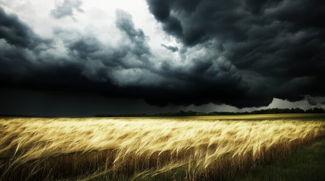 A vast field of ripe golden wheat awaits harvest under a dramatic and threatening storm sky filled with dark clouds