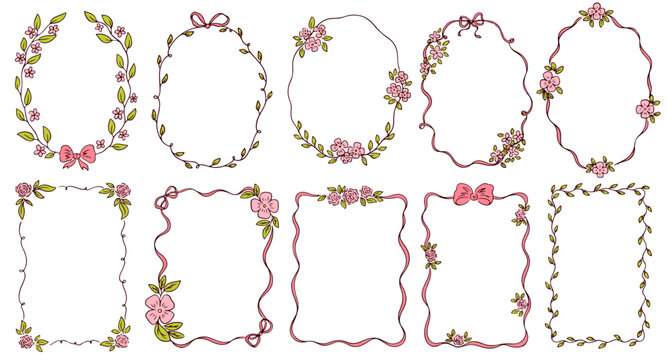 Whimsical hand drawn floral frames collection. Vintage coquette botanical spring flower wreath with bows and ribbons. Vector ornamental design with flower, curls for poster, wedding and invitations.