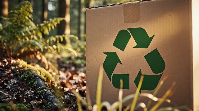 Recycling Box in Nature - A cardboard box with a green recycling symbol sits amidst grass and leaves in a forest setting.