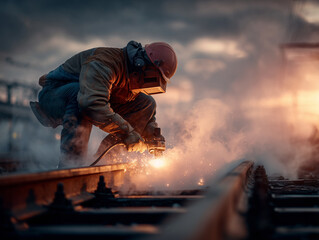 Fototapeta premium Steel Reinforcement Worker Welding on a Railway Track at Sunset Wearing Protective Safety Gear