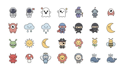 Cute Cartoon Characters and Doodle Icons Vector Set