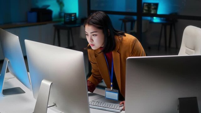 Young Asian female security specialist monitoring computer defense systems in office at night, high angle view