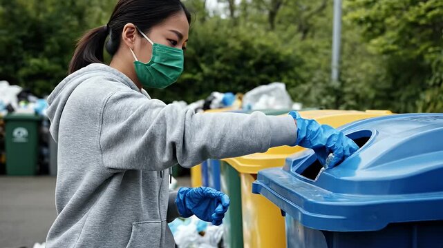 Person Sorting Recycling in Protective Gear - An Asian woman wearing a face mask and blue gloves sorts recycling into color-coded bins outdoors.