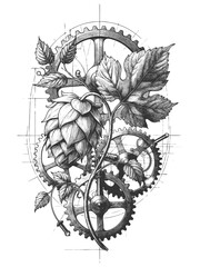 combining hops plant with interlocking mechanical gears in a unique steampunk botanical concept sketch engraving generative ai raster illustration. Scratch board imitation. Black and white image.