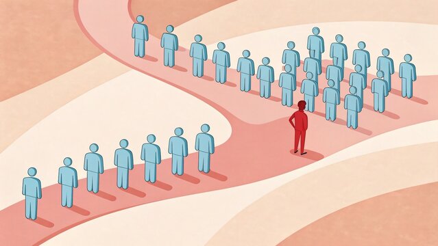 Abstract illustration of a red leader figure amidst a blue collective, navigating curvilinear pink and beige paths on a peach background. Symbolizes individuality, leadership, and group dynamics.