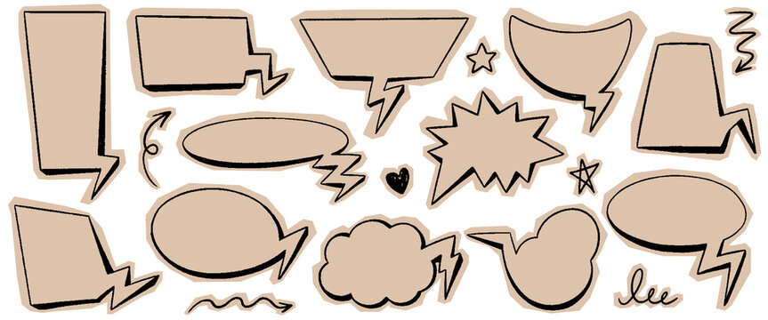 Crayon scrapbook speech bubble set. Torn craft paper scribble talk balloon in sketch style, doodle text talk speech cloud. Vector grunge dialog communication balloons with beige craft tear paper.