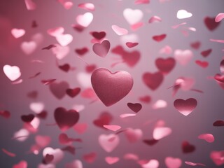 Many pink and red hearts are falling and floating in soft focus