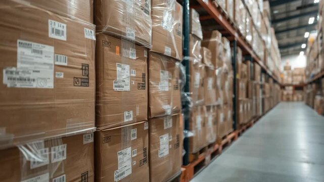 Warehouse pallet cardboard box shelving inventory storage packed aisle stacked wrapped plastic
