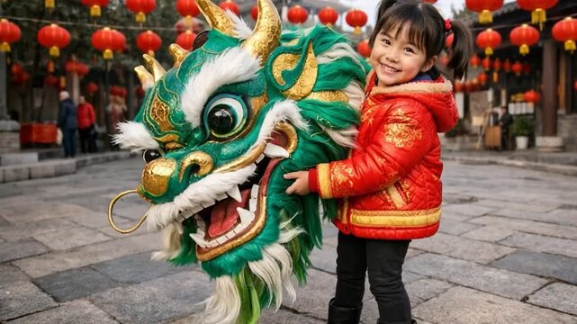 Happy child holding a colorful dragon figure during Chinese New Year celebrations, surrounded by red lanterns, symbolizing joy, tradition, and festive cultural heritage.
