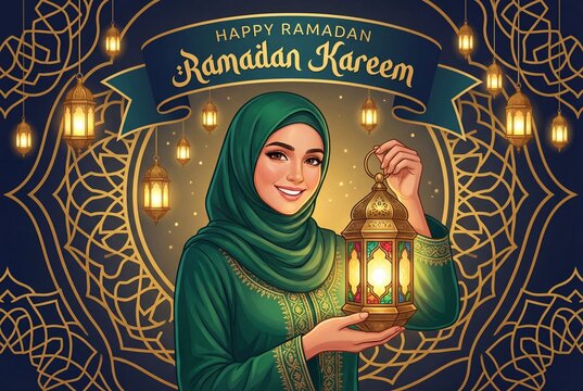 Muslim woman in emerald green hijab holding a glowing Islamic lantern for Ramadan