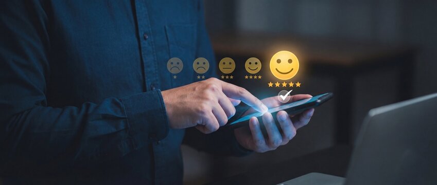 Man typing on smartphone with five star customer experience survey icons
