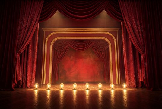 Classic theater stage with red velvet curtains and golden arch illuminated by warm footlights on wood