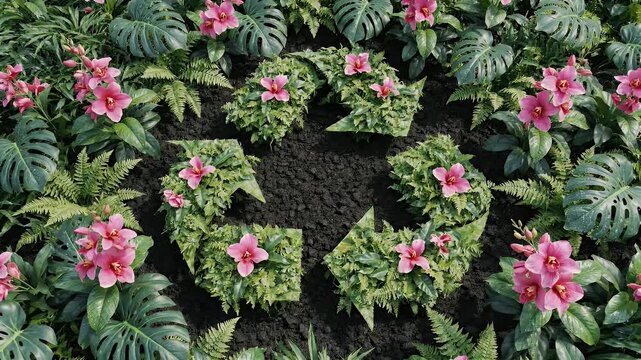 Floral Recycle Symbol - A top-down shot of a garden featuring a recycle symbol crafted from various green plants and ferns.