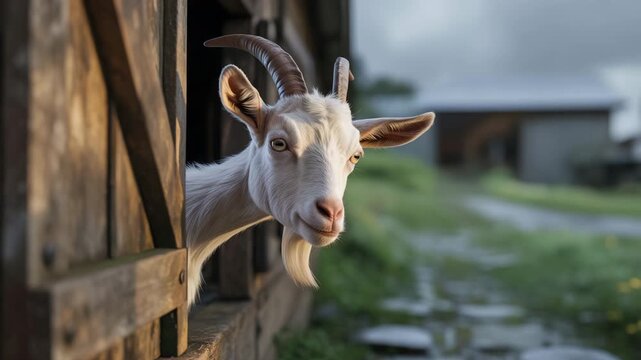 Funny goat cartoon peeking from barn doorway with playful expression