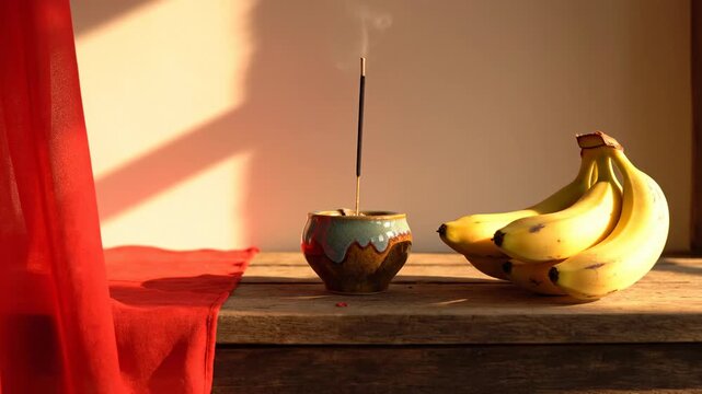A Still Life Composition Featuring A Bunch Of Yellow Bananas And An Incense Stick Burning In A Ceramic Holder With A Red Fabric Drape And Soft Sunlight Casting Shadows