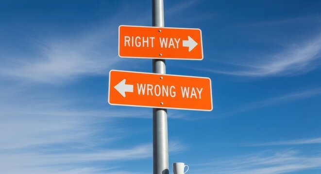 Two bright orange directional signs showing the right way and the wrong way on a pole against a blue sky with clouds