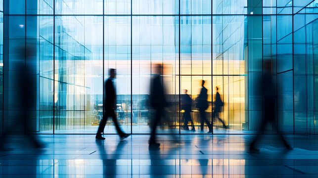 Silhouettes of people walking in a modern office building with large glass windows at sunset