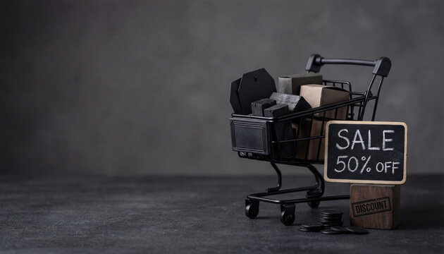 Cluttered shopping cart with sale sign on wooden box in dimly lit environment