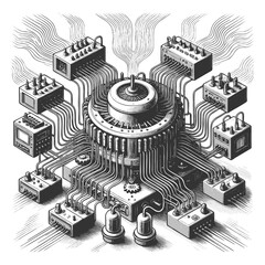 vintage mechanical device connected to numerous wires, switches, and control boxes in all directions sketch engraving generative ai raster illustration. Scratch board imitation. Black and white image.