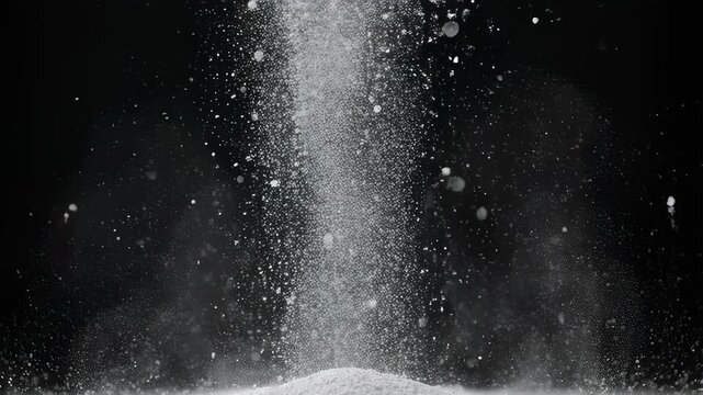 A close-up of a white, falling substance against a dark background, forming a small pile