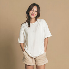Obraz premium Relaxed Asian female model in a white t-shirt and shorts, smiling naturally in a simple lifestyle setting on pastel beige background.