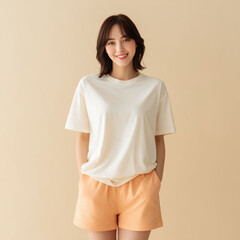 Obraz premium Relaxed Asian female model in a white t-shirt and shorts, smiling naturally in a simple lifestyle setting on pastel beige background.
