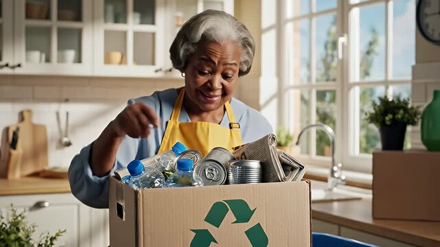 Woman Sorting Recyclables in Kitchen - An older African-American woman wearing an apron sorts recyclables in a cardboard box with a recycling symbol inside her kitchen.