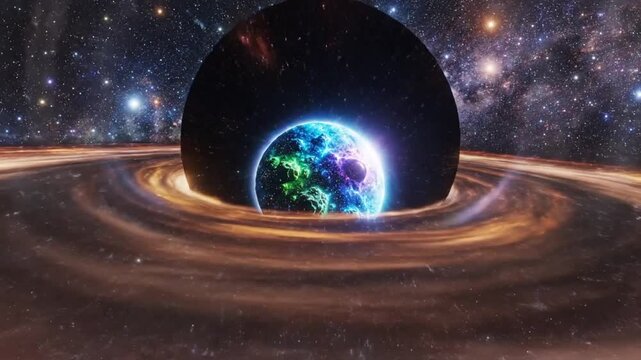 create a cinematic animated black hole portal scene with intense gravitational pull opening into a glowing alien world colorful cosmic light waves deep space setting ultra detailed full hd high resolu