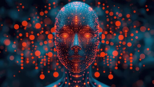 Glowing neon android robot face with illuminated circuitry and warm bokeh lights, mysterious