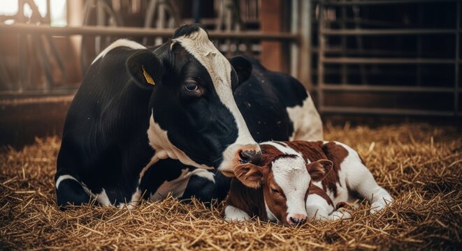 Cow & calf resting on hay, black & white mother, brown & white calf