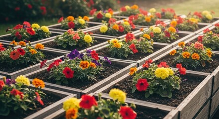 Naklejka premium Flowerbed grid with various colored blooms under soft light