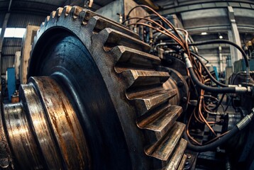 Fototapeta premium Large metal gear and industrial machinery in a factory with complex hydraulic hoses and wires