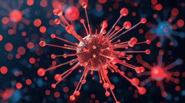 Red microscopic virus particle with glowing spikes dark bokeh space conveying pathogen infection