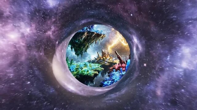 generate a high detail cinematic animation of a black hole portal forming in space revealing a luminous fantasy world with vibrant colors dynamic light emission smooth motion full hd resolution
