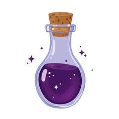 Mysterious purple potion in a glass bottle with cork and sparkles isolated on transparent background