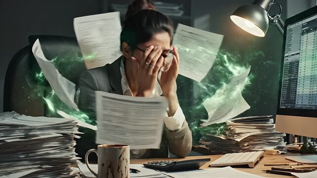 Overwhelmed Accountant Working Late - A businesswoman wearing glasses looks shocked as papers fly around her chaotic desk.