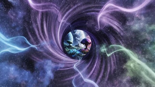 generate an animated cinematic black hole gateway opening into a parallel world surrounded by glowing stardust luminous colors flowing energy streams dark space atmosphere realistic lighting smooth mo