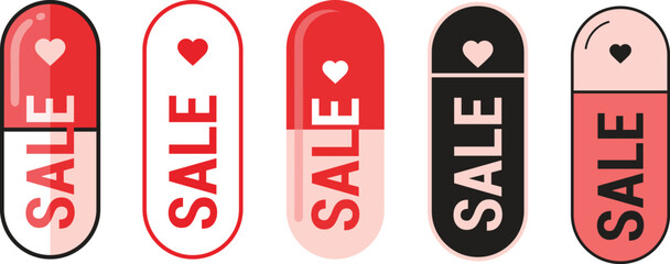 Capsule Pill Shaped Sale Icons with Hearts for Valentine's Day