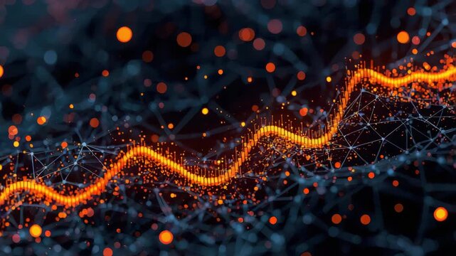 Orange data waveform over dark network grid with glowing nodes and dynamic particles. glowing