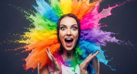 Fototapeta premium Joyful woman with wide eyes bursts with vibrant rainbow paint explosion