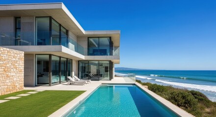 Fototapeta premium Modern seaside home with pool overlooks ocean, blue sky above