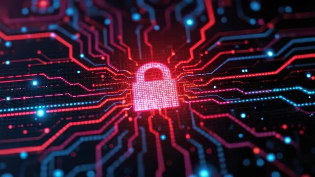 Digital padlock glowing circuit board neon lines convey secure data flow cybersecurity data