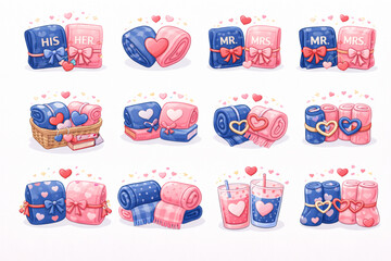 Obraz premium Cozy couple's blankets, pillows and drinks, romantic Valentine's Day concept, love and affection symbols