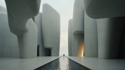 Obraz premium Solitary person stands far down a narrow water channel bordered by towering, curving, futuristic.