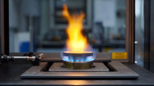 Laboratory gas burner ignites with a bright blue and orange flame showcasing controlled combustion in a scientific environment